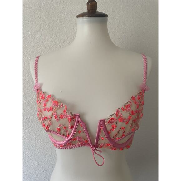 For Love & Lemons Bra Lingerie Floral Bouquet Plunge Sheer Pink - Picture 1 of 12